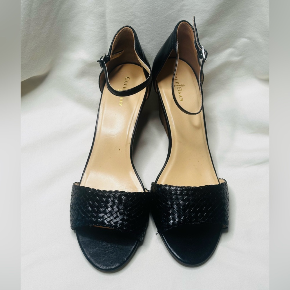 Cole Haan Black Woven Leather Wedge Sandals